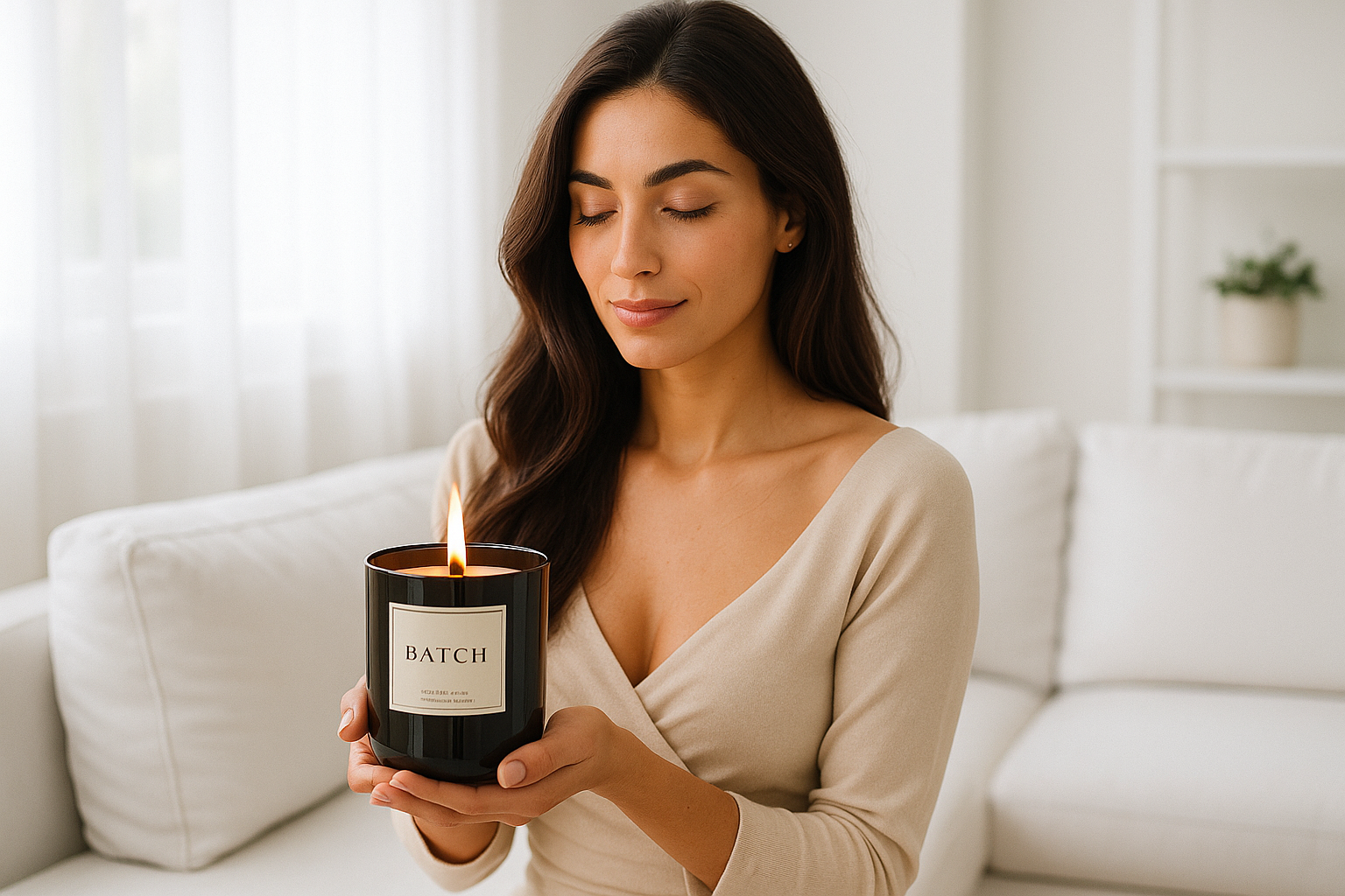 Beautiful Italian woman holding lit BATCH candle with flat bottom